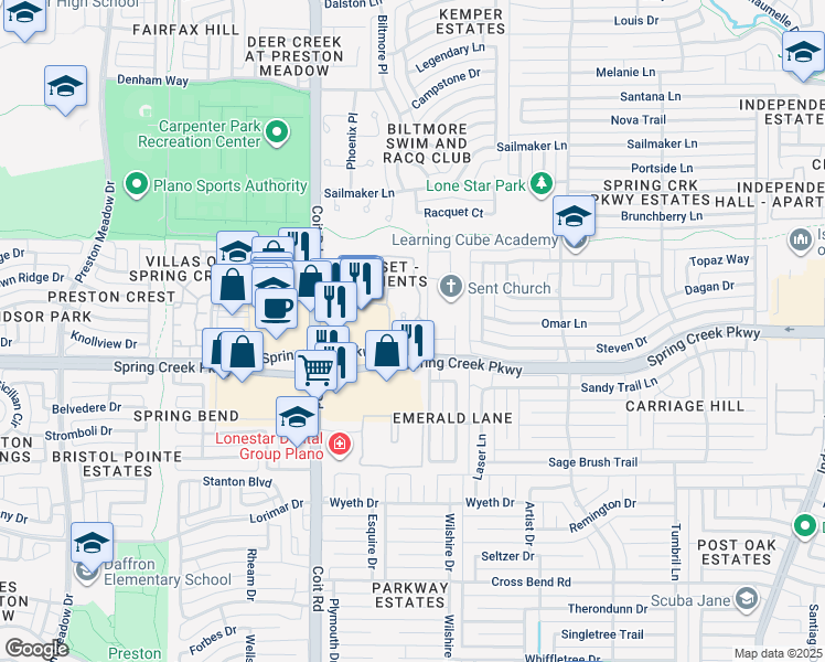 map of restaurants, bars, coffee shops, grocery stores, and more near 3801 West Spring Creek Parkway in Plano