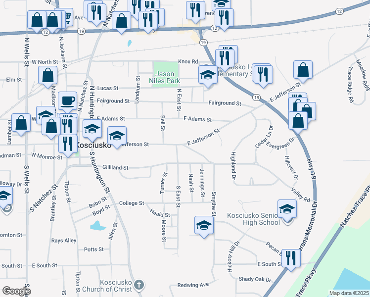 map of restaurants, bars, coffee shops, grocery stores, and more near 101 Smythe Street in Kosciusko