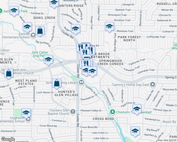 map of restaurants, bars, coffee shops, grocery stores, and more near 2050 West Spring Creek Parkway in Plano