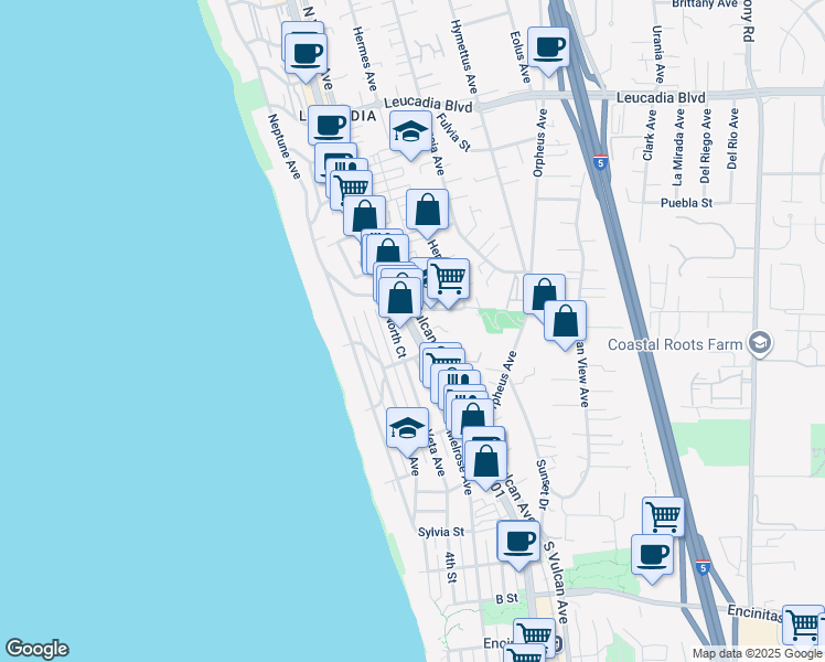 map of restaurants, bars, coffee shops, grocery stores, and more near 445 La Veta Avenue in Encinitas