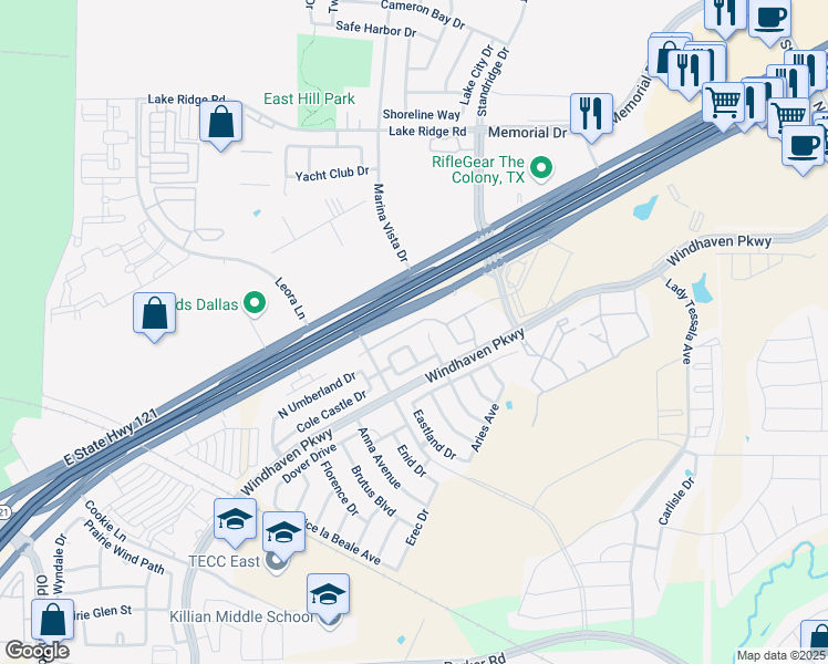 map of restaurants, bars, coffee shops, grocery stores, and more near 3029 White Stag Way in Lewisville