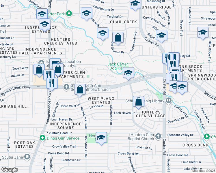 map of restaurants, bars, coffee shops, grocery stores, and more near 2401 West Spring Creek Parkway in Plano