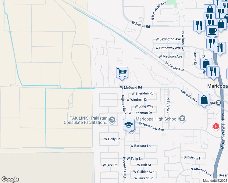 map of restaurants, bars, coffee shops, grocery stores, and more near 46012 West Sheridan Road in Maricopa