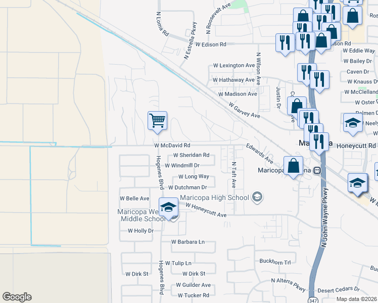 map of restaurants, bars, coffee shops, grocery stores, and more near 45723 West Sheridan Road in Maricopa