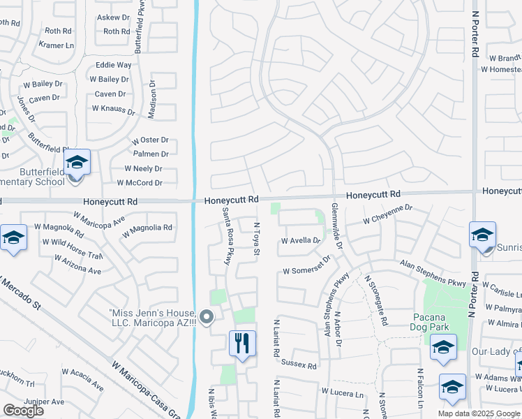 map of restaurants, bars, coffee shops, grocery stores, and more near 19587 North Toya Street in Maricopa