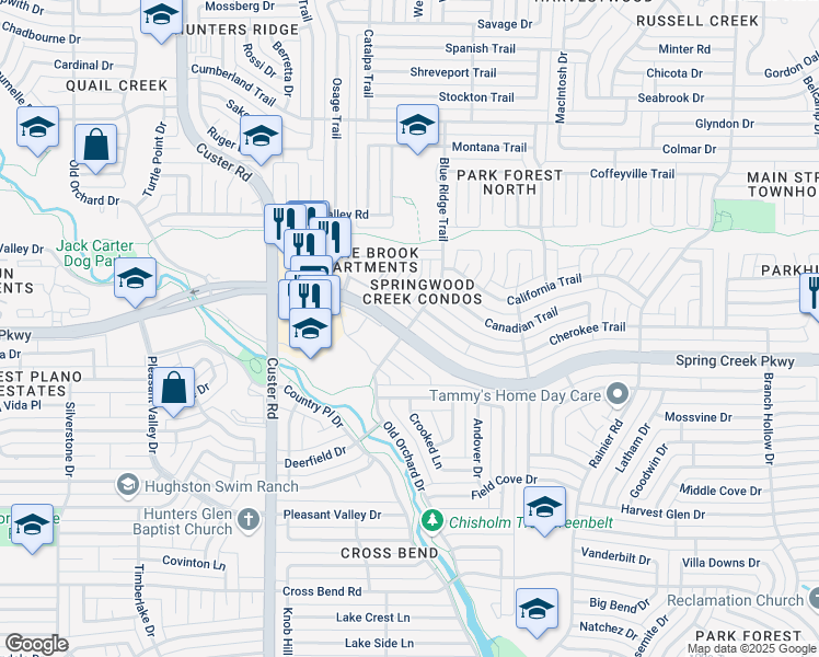 map of restaurants, bars, coffee shops, grocery stores, and more near 1712 Spring Creek Parkway in Plano