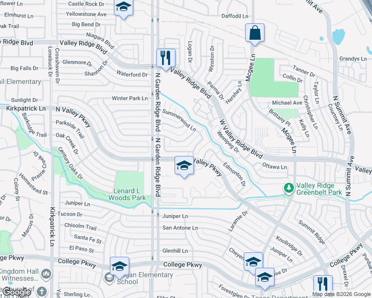 map of restaurants, bars, coffee shops, grocery stores, and more near 1405 Mayflower Lane in Lewisville