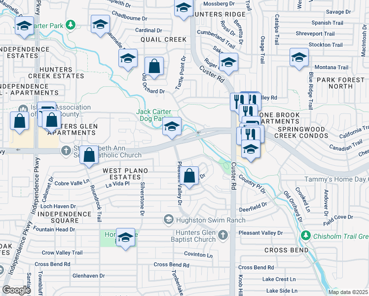 map of restaurants, bars, coffee shops, grocery stores, and more near 2120 Spring Creek Parkway in Plano
