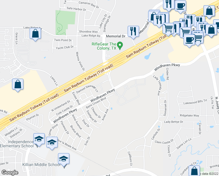 map of restaurants, bars, coffee shops, grocery stores, and more near 3521 Bans Crown Boulevard in The Colony