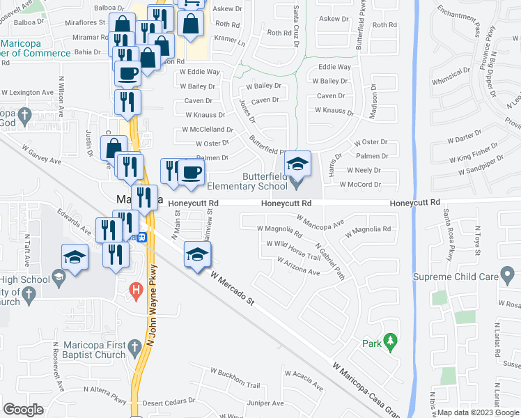 map of restaurants, bars, coffee shops, grocery stores, and more near 43964 West Maricopa Avenue in Maricopa