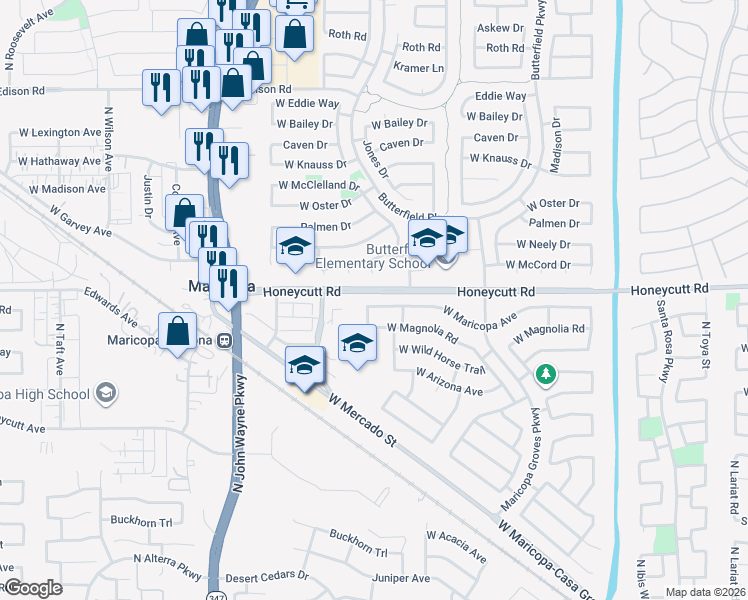 map of restaurants, bars, coffee shops, grocery stores, and more near 44046 West Maricopa Avenue in Maricopa