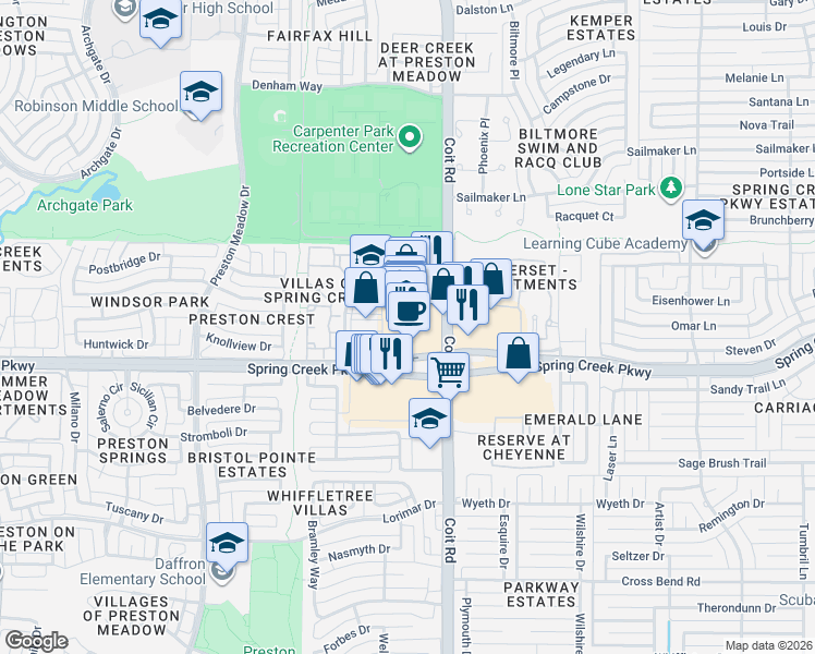 map of restaurants, bars, coffee shops, grocery stores, and more near 6205 Coit Road in Plano
