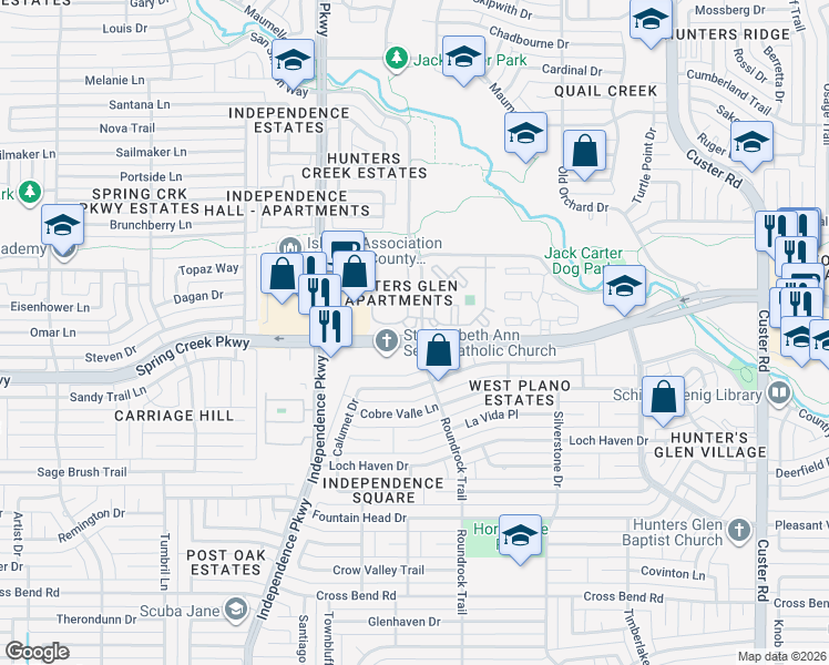 map of restaurants, bars, coffee shops, grocery stores, and more near 6400 Roundrock Trail in Plano