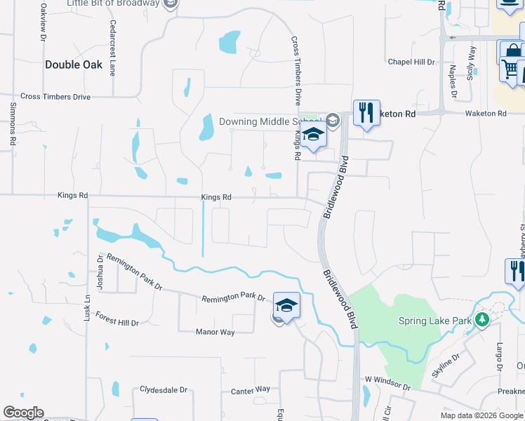 map of restaurants, bars, coffee shops, grocery stores, and more near 5112 Ironwood Court in Flower Mound