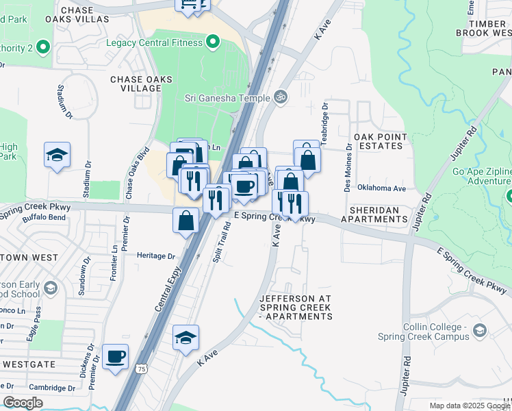 map of restaurants, bars, coffee shops, grocery stores, and more near 1201 East Spring Creek Parkway in Plano