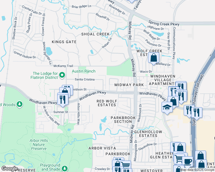 map of restaurants, bars, coffee shops, grocery stores, and more near 6002 Silver Oak Drive in The Colony
