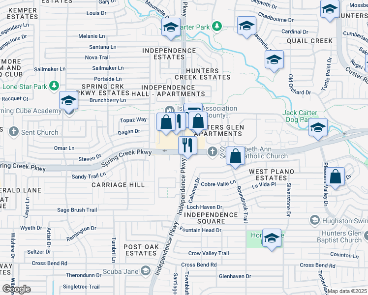 map of restaurants, bars, coffee shops, grocery stores, and more near Independence Pkwy & W Spring Creek Pkwy in Plano