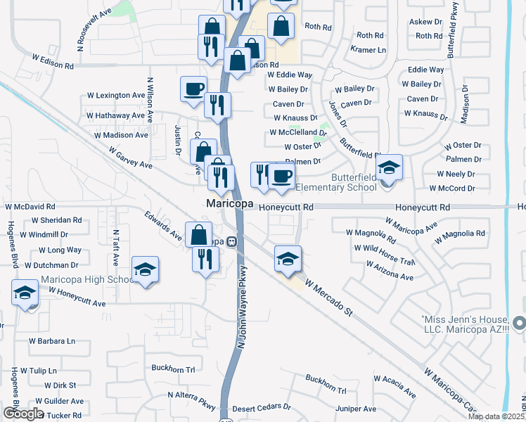 map of restaurants, bars, coffee shops, grocery stores, and more near 19514 North Main Street in Maricopa