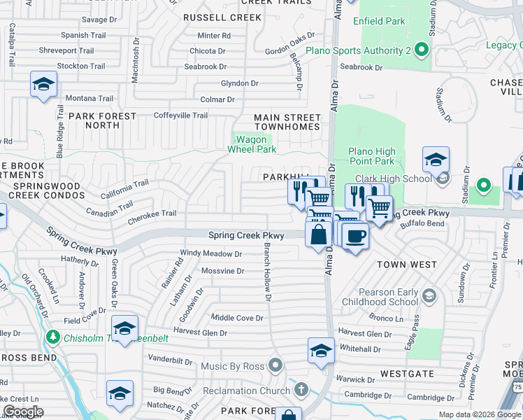 map of restaurants, bars, coffee shops, grocery stores, and more near 1001 Spring Creek Parkway in Plano