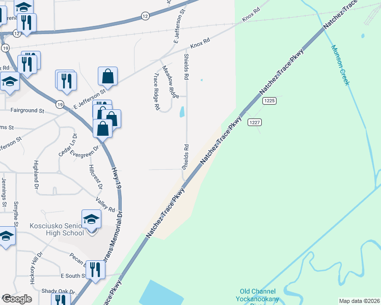 map of restaurants, bars, coffee shops, grocery stores, and more near Natchez Trace Parkway in Kosciusko