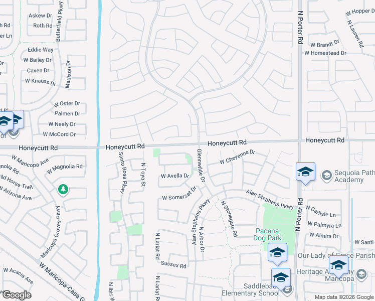 map of restaurants, bars, coffee shops, grocery stores, and more near 42382 West Chimayo Drive in Maricopa