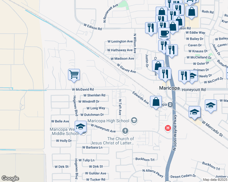 map of restaurants, bars, coffee shops, grocery stores, and more near 19595 North Hamilton Avenue in Maricopa