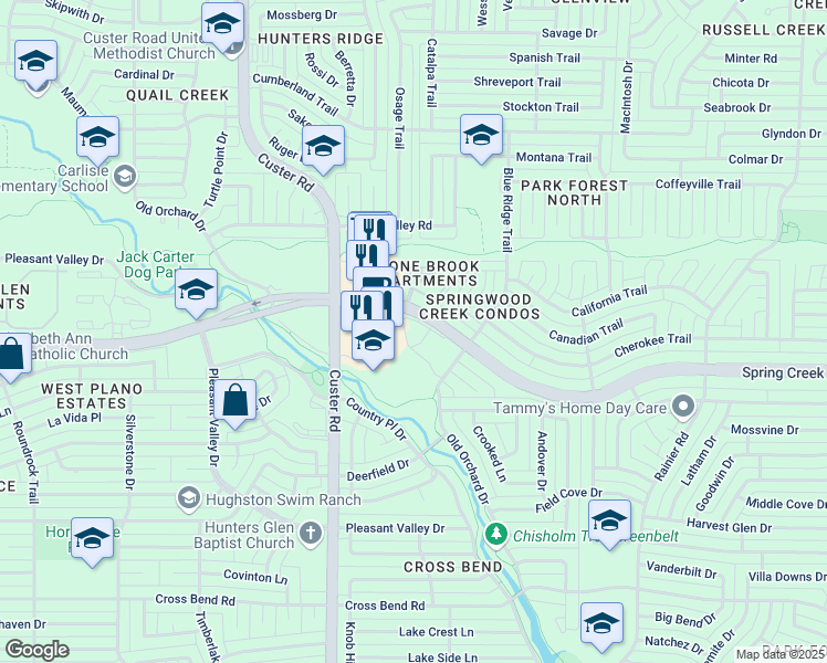 map of restaurants, bars, coffee shops, grocery stores, and more near 2000 West Spring Creek Parkway in Plano