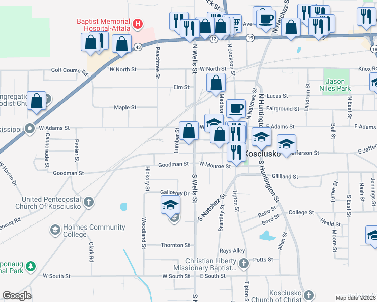 map of restaurants, bars, coffee shops, grocery stores, and more near 107 North Wells Street in Kosciusko