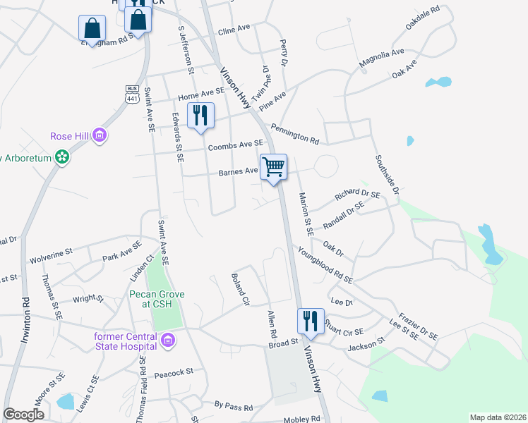 map of restaurants, bars, coffee shops, grocery stores, and more near 113a Scott Hill Street in Milledgeville