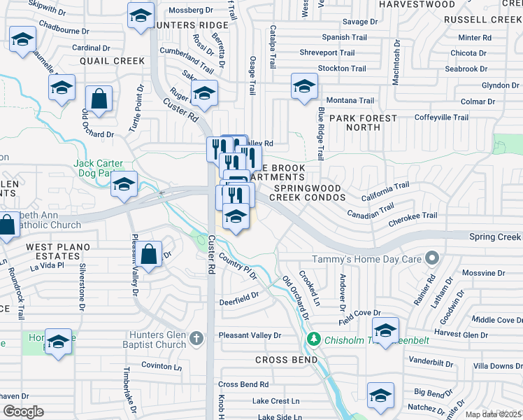 map of restaurants, bars, coffee shops, grocery stores, and more near 1821 West Spring Creek Parkway in Plano