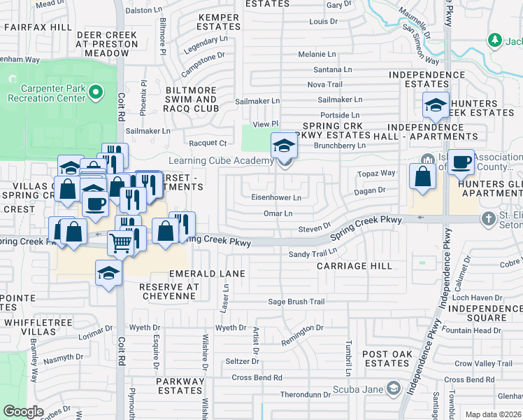 map of restaurants, bars, coffee shops, grocery stores, and more near 3513 Eisenhower Lane in Plano