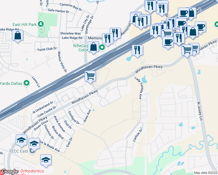 map of restaurants, bars, coffee shops, grocery stores, and more near 3600 Windhaven Parkway in Lewisville