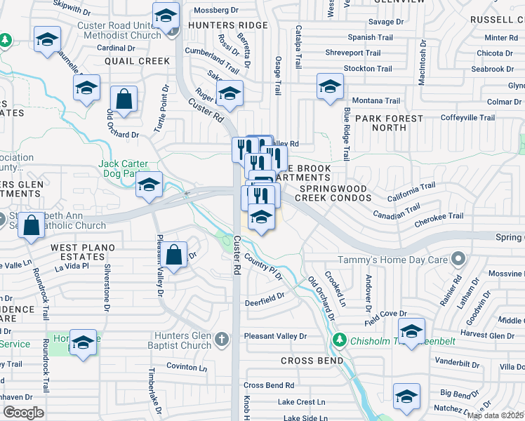 map of restaurants, bars, coffee shops, grocery stores, and more near 2066 West Spring Creek Parkway in Plano
