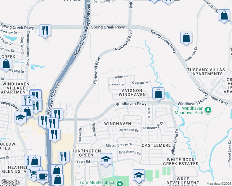 map of restaurants, bars, coffee shops, grocery stores, and more near 5756 Carrier Lane in Plano