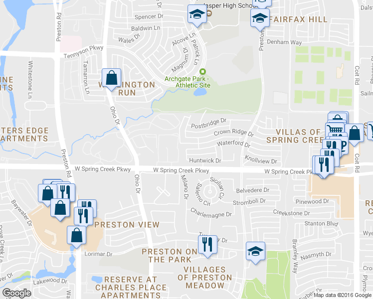 map of restaurants, bars, coffee shops, grocery stores, and more near 4901 Waterford Drive in Plano