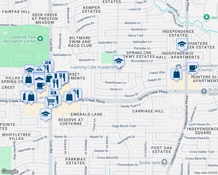 map of restaurants, bars, coffee shops, grocery stores, and more near 3513 Eisenhower Lane in Plano
