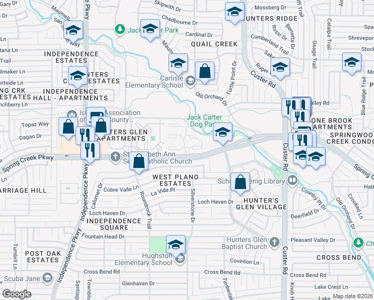 map of restaurants, bars, coffee shops, grocery stores, and more near 2401 Spring Creek Parkway in Plano