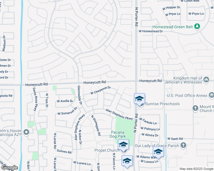 map of restaurants, bars, coffee shops, grocery stores, and more near 19681 North Bridge Court in Maricopa