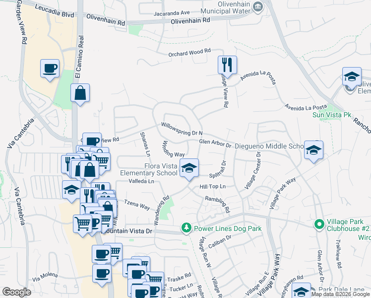 map of restaurants, bars, coffee shops, grocery stores, and more near 1481 Willowspring Drive North in Encinitas