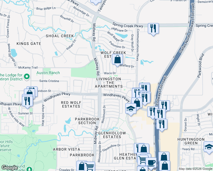 map of restaurants, bars, coffee shops, grocery stores, and more near 6301 Windhaven Parkway in Plano