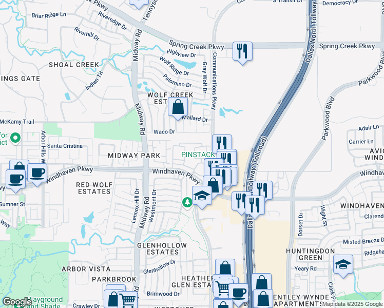map of restaurants, bars, coffee shops, grocery stores, and more near Communications Parkway in Plano