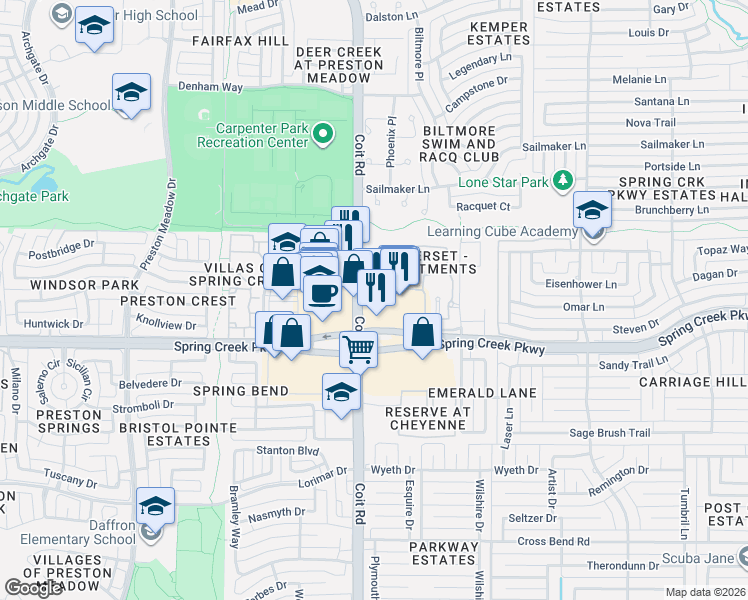 map of restaurants, bars, coffee shops, grocery stores, and more near 6240 Coit Road in Plano