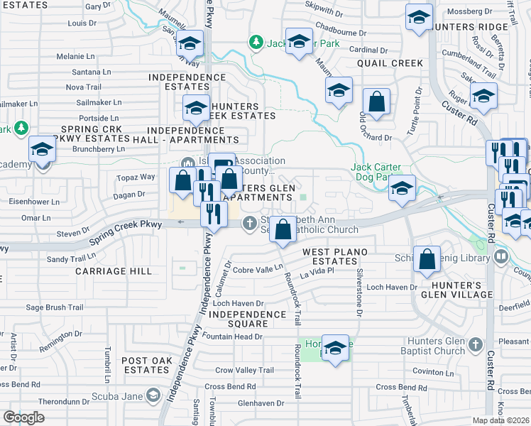map of restaurants, bars, coffee shops, grocery stores, and more near 6400 Roundrock Trail in Plano
