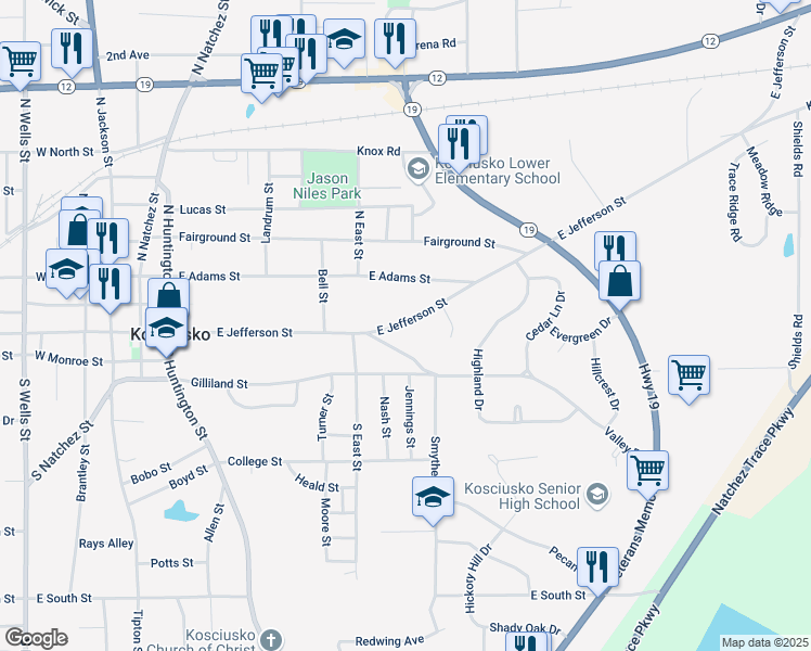 map of restaurants, bars, coffee shops, grocery stores, and more near 508 East Jefferson Street in Kosciusko