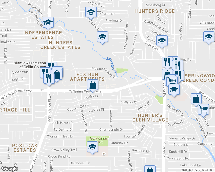 map of restaurants, bars, coffee shops, grocery stores, and more near 2401 Spring Creek Parkway in Plano