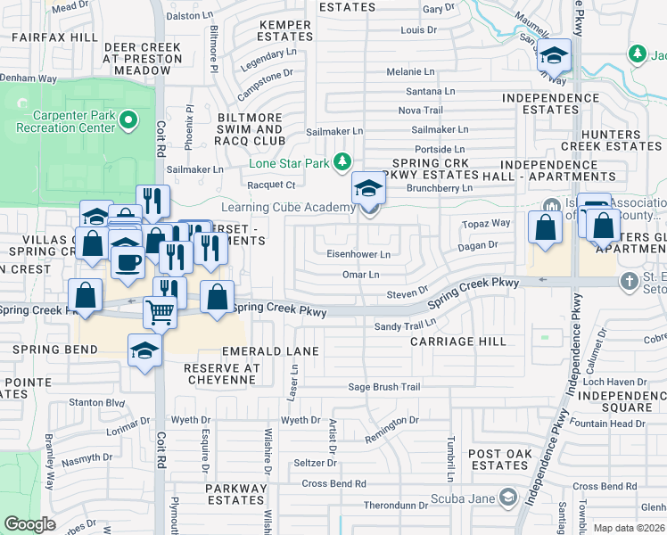 map of restaurants, bars, coffee shops, grocery stores, and more near 3513 Eisenhower Lane in Plano