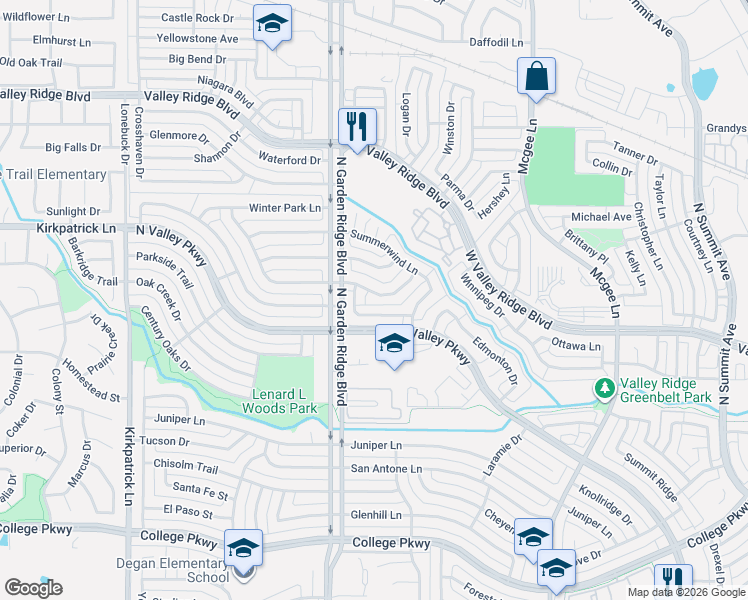 map of restaurants, bars, coffee shops, grocery stores, and more near 1421 Sunswept Terrace in Lewisville