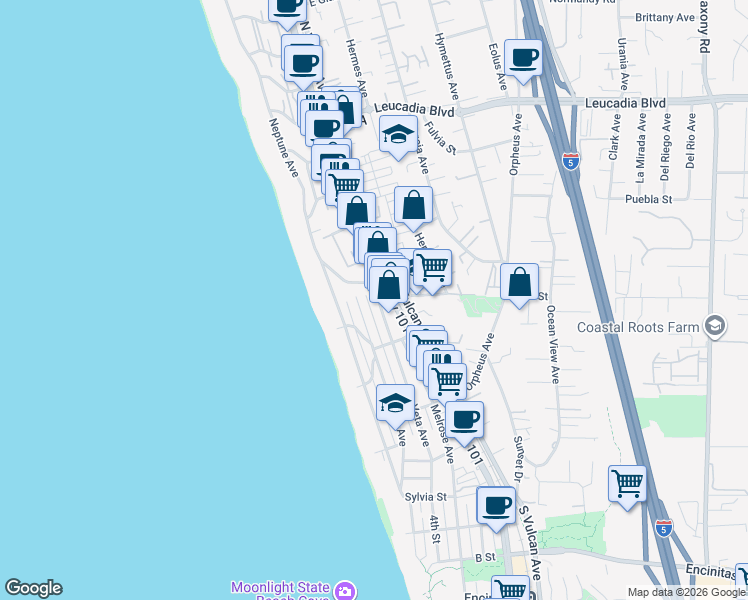 map of restaurants, bars, coffee shops, grocery stores, and more near 488 La Veta Avenue in Encinitas