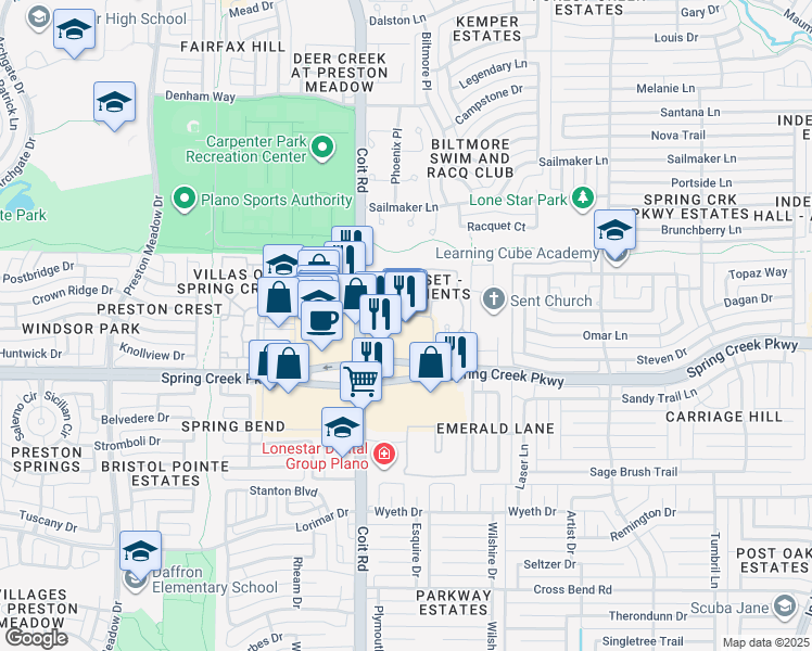 map of restaurants, bars, coffee shops, grocery stores, and more near 3829 West Spring Creek Parkway in Plano