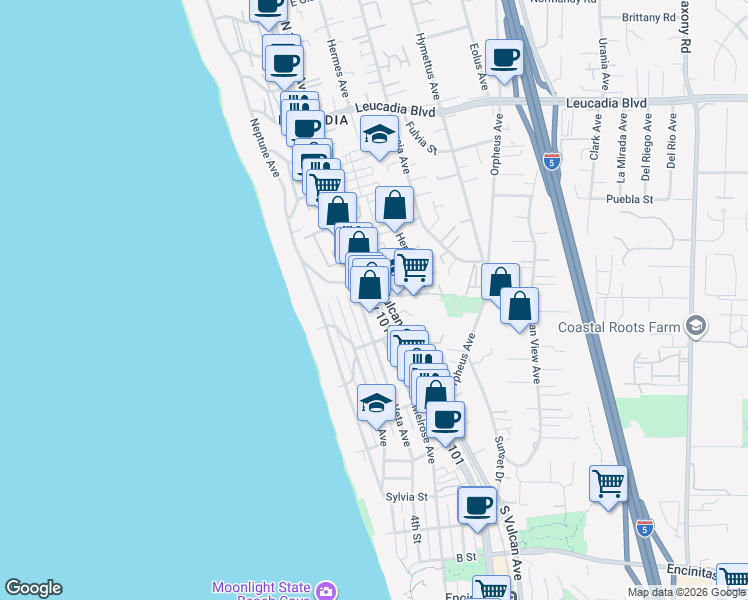 map of restaurants, bars, coffee shops, grocery stores, and more near 466 County Highway S21 in Encinitas